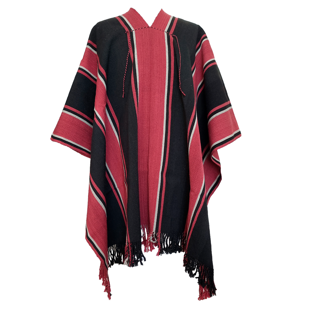 Atuel handwoven Argentine wool poncho with dark base and red Listado stripes