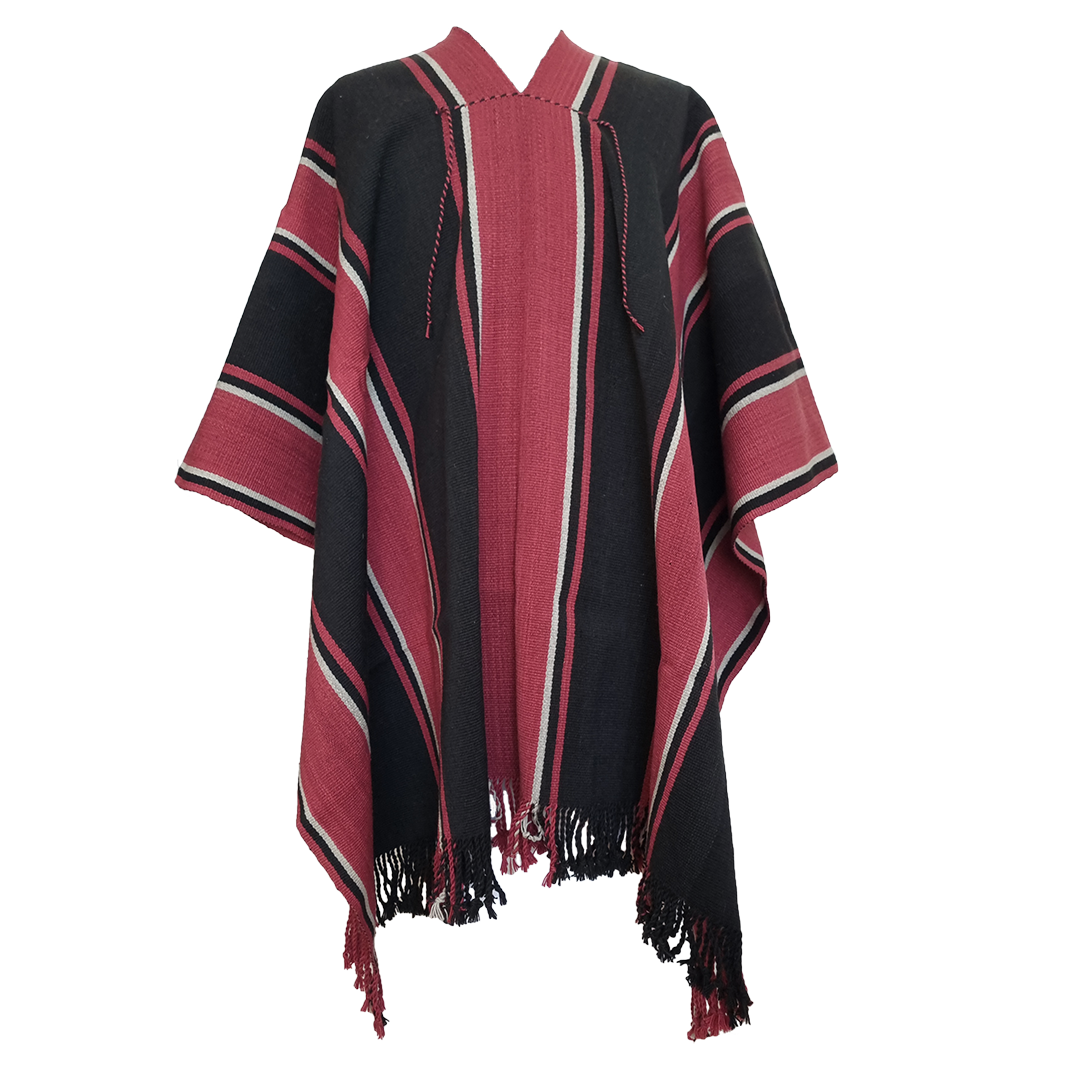 Atuel handwoven Argentine wool poncho with dark base and red Listado stripes