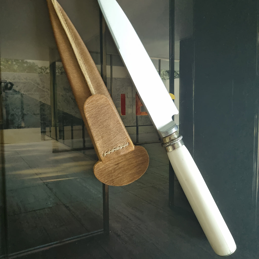 Leather sheath for handmade deer bone knife