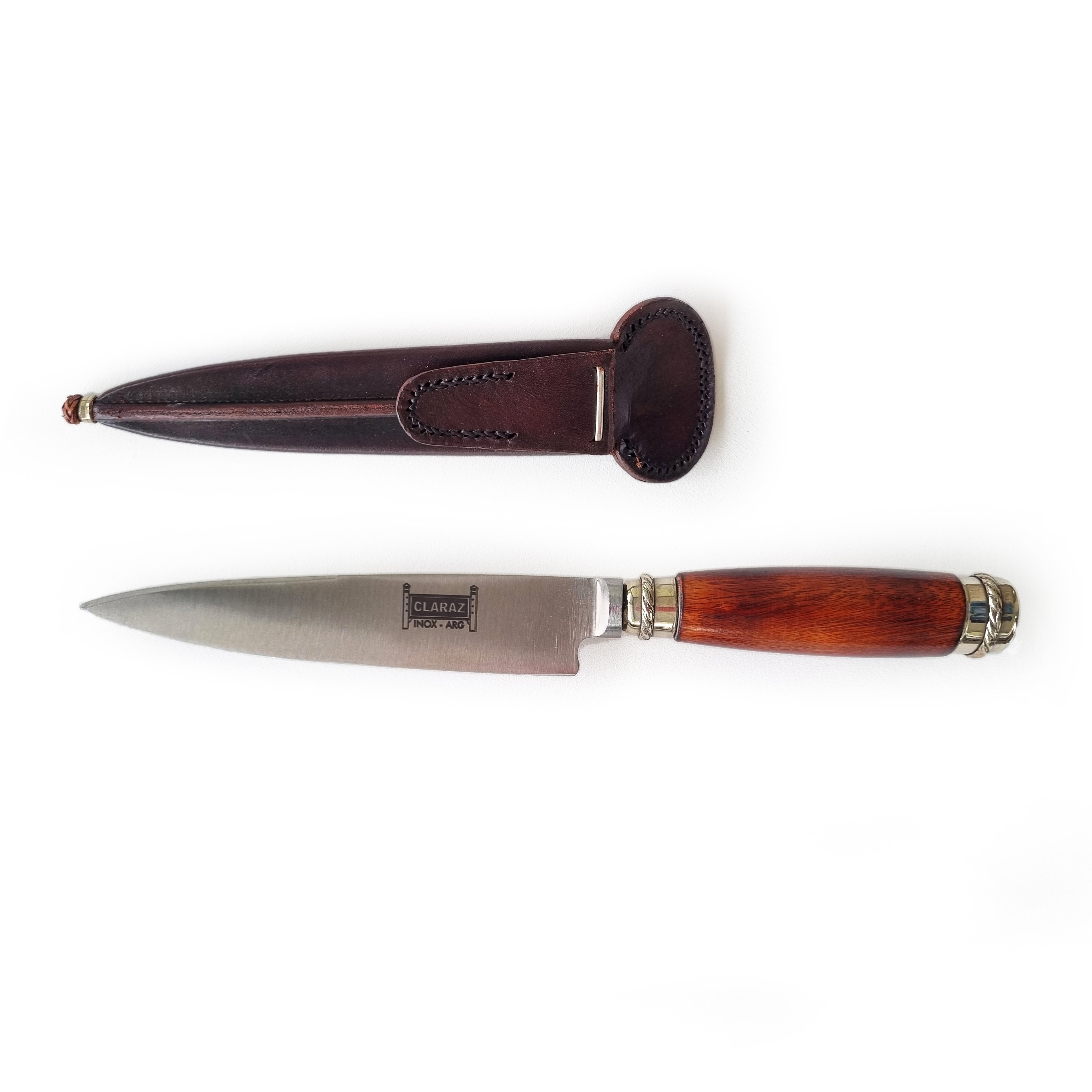 Quebracho wood and alpaca knife with leather sheath