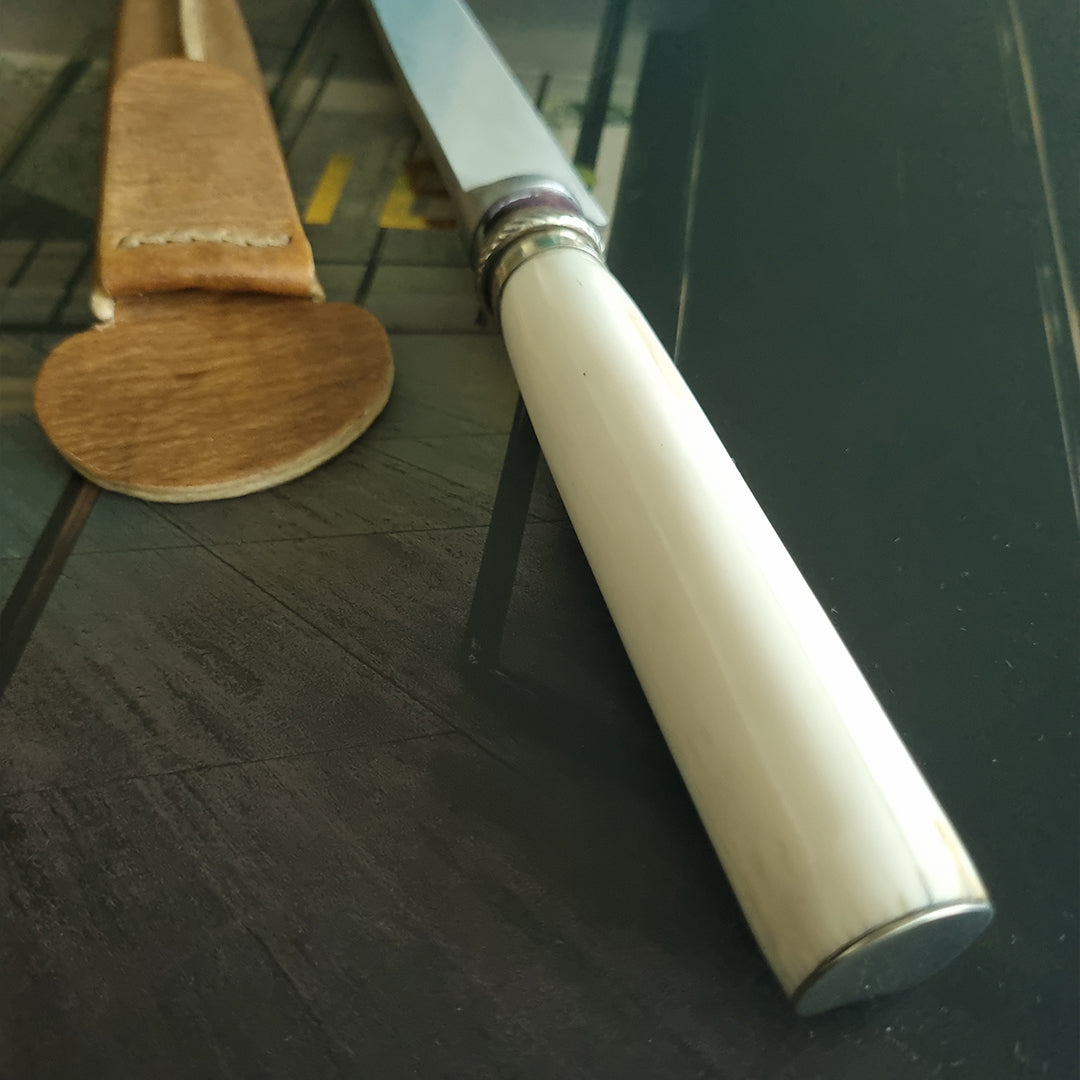 Stainless steel blade knife with deer bone hilt