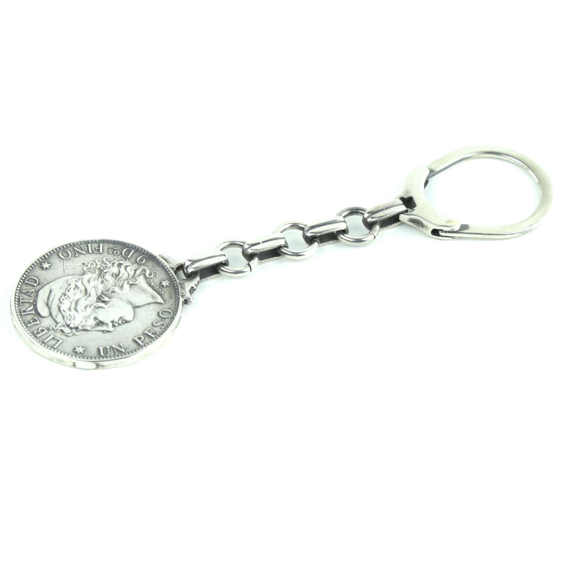 Sterling Silver Keychain with patacón Motif, 1882 Argentine Coin