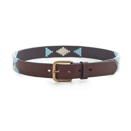 Argentina Pampa leather polo belt with light blue and cream geometric pattern