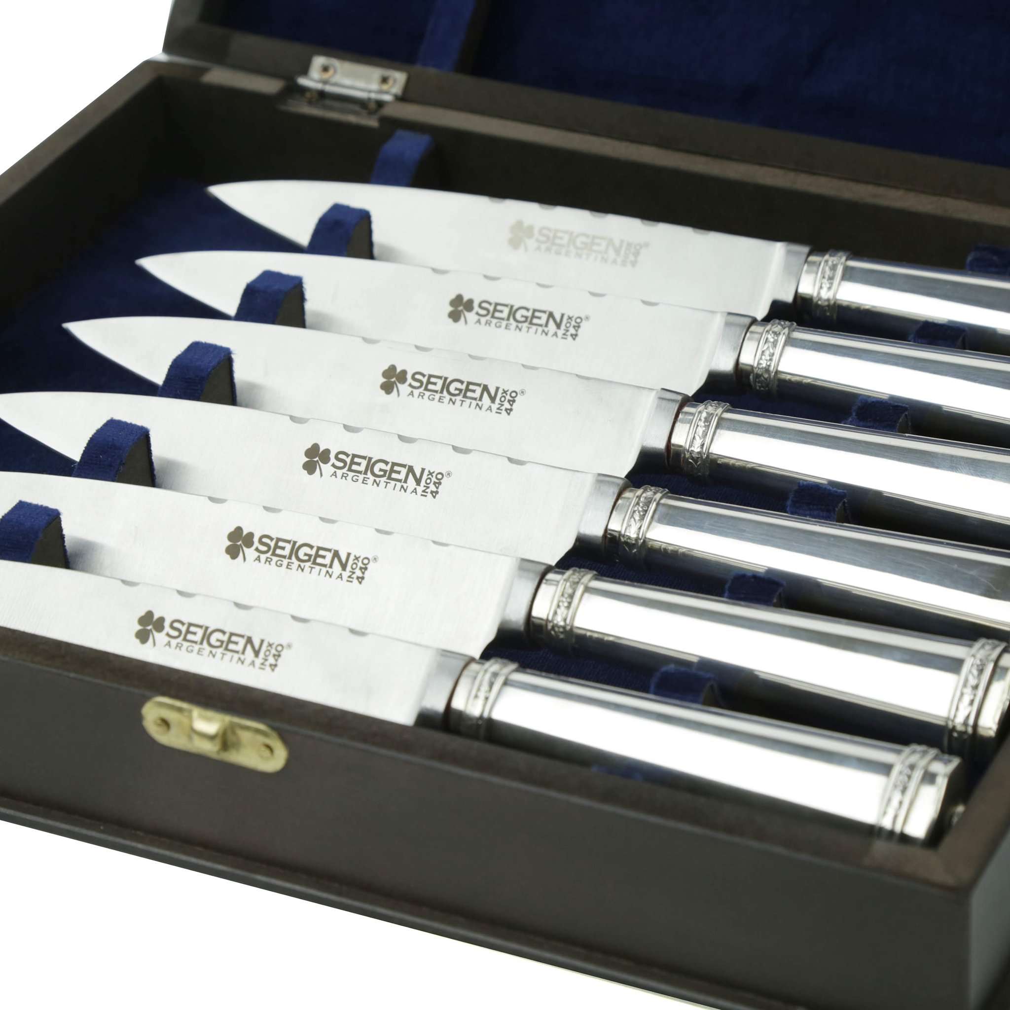 Argentum sterling silver 6-piece steak knife set in wooden case