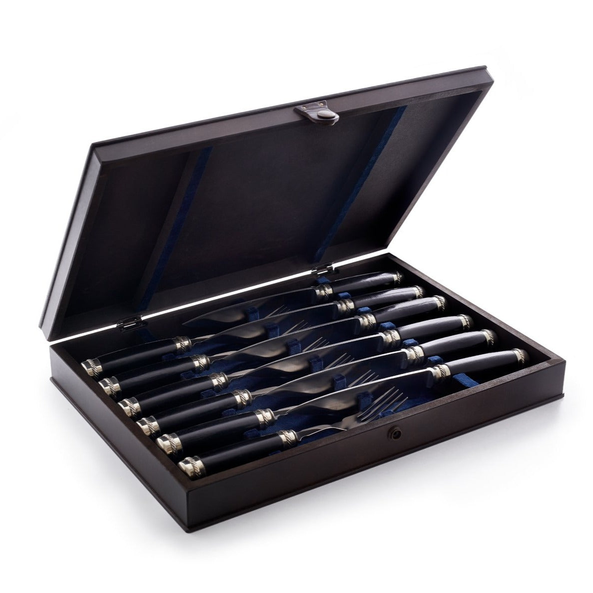 Black Patagonula 12-piece steak cutlery set in wooden case