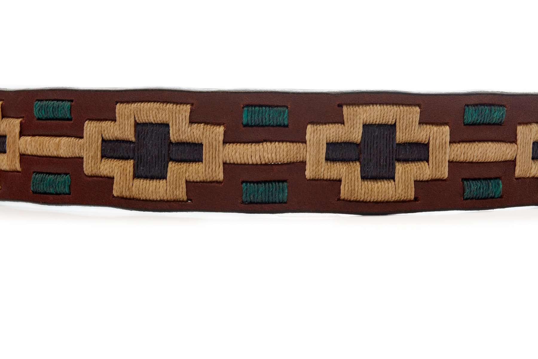 Brown leather polo belt with Azteca-inspired detail and metal buckle
