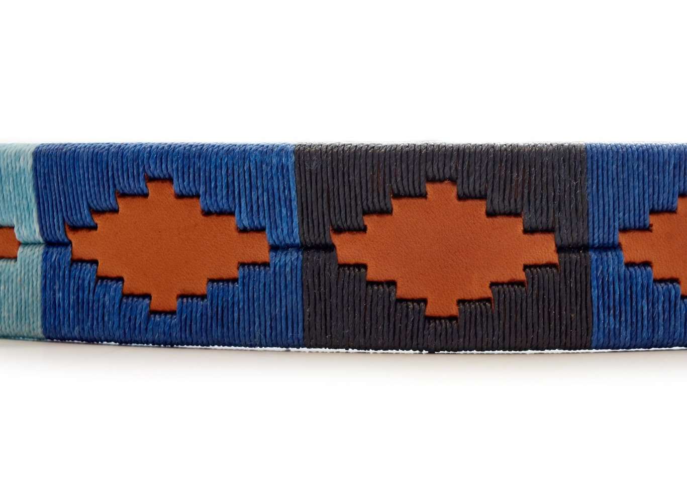 Cognac brown leather polo belt with Soshon geometric design and metal buckle