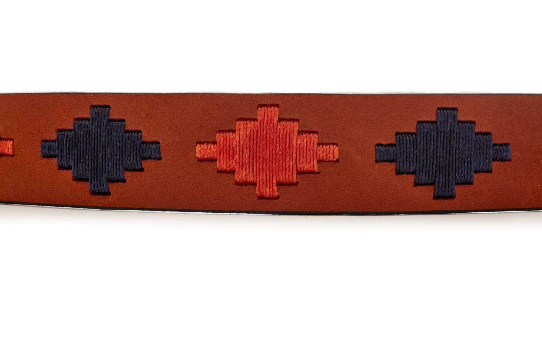 Cognac leather polo belt with Inca-inspired geometric detail and metal buckle