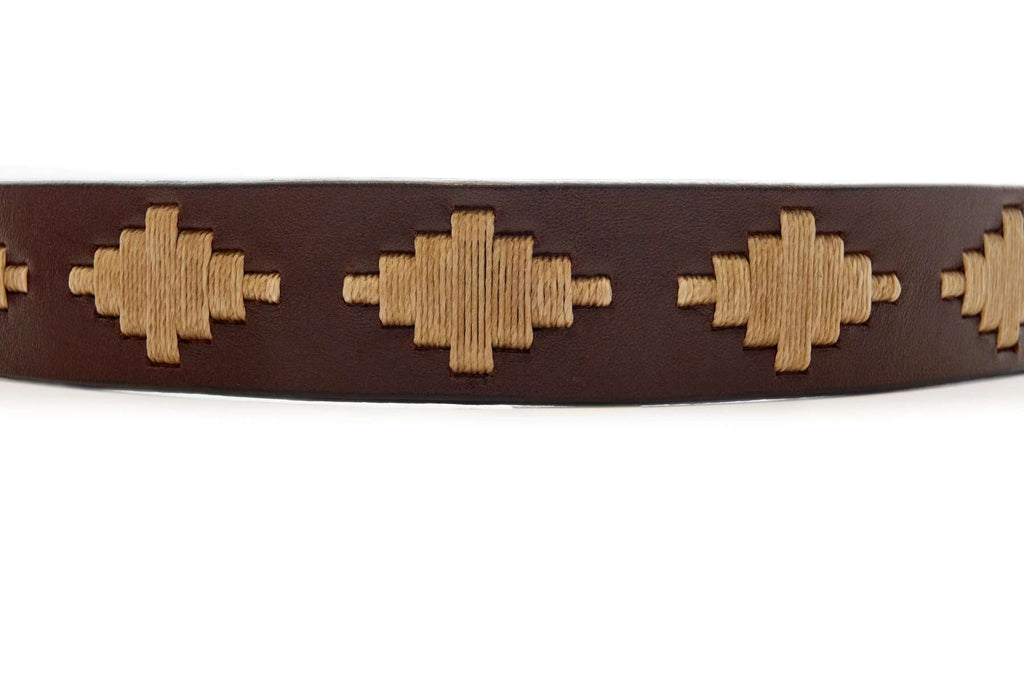 Dark brown leather polo belt with Inca-inspired geometric detail and metal buckle