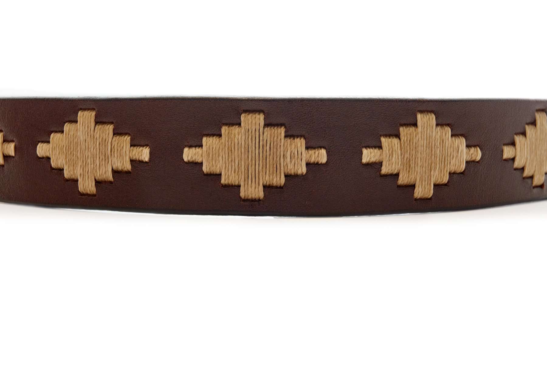 Dark brown leather polo belt with Inca-inspired geometric detail and metal buckle