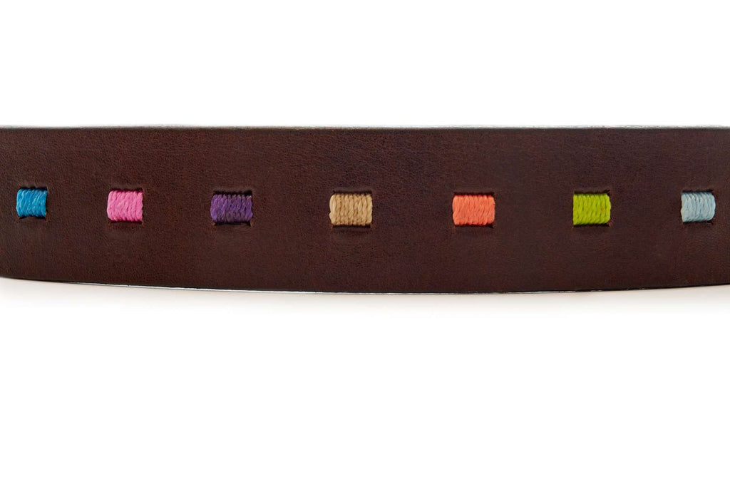 Dark brown leather polo belt with small colorful stitched accents and metal buckle