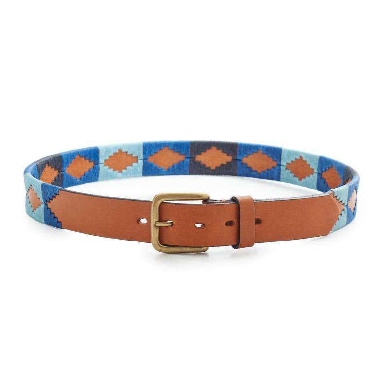 Saint-Tropez Soshon Argentine leather polo belt with blue and orange geometric pattern