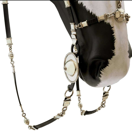 Black leather set of headstall, reins and muzzle with nickel silver decorations